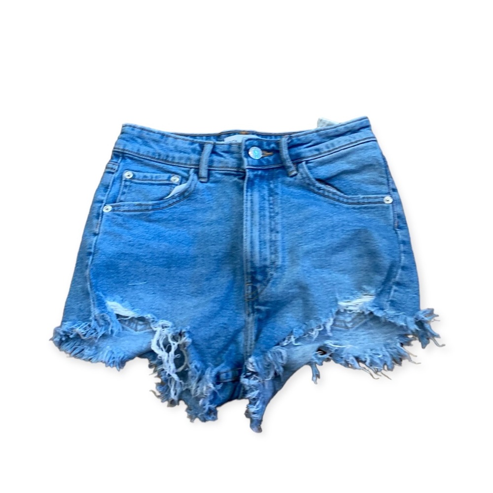 ZARA Sz 0 The High Waist Shorts Light Wash Denim Cutoff Distressed.